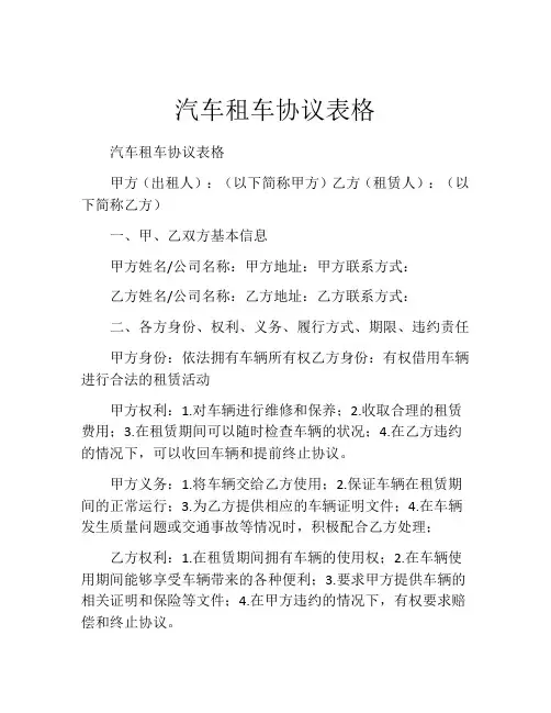 汽车租车协议表格