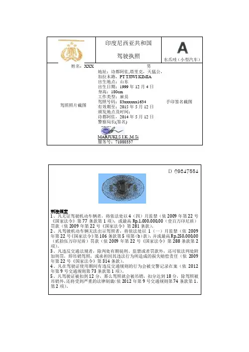 印尼驾照翻译 小型汽车