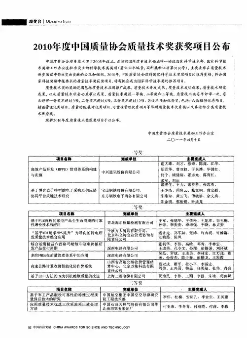 2010年度中国质量协会质量技术奖获奖项目公布