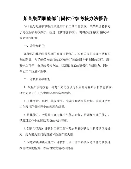某某集团职能部门岗位业绩考核办法报告