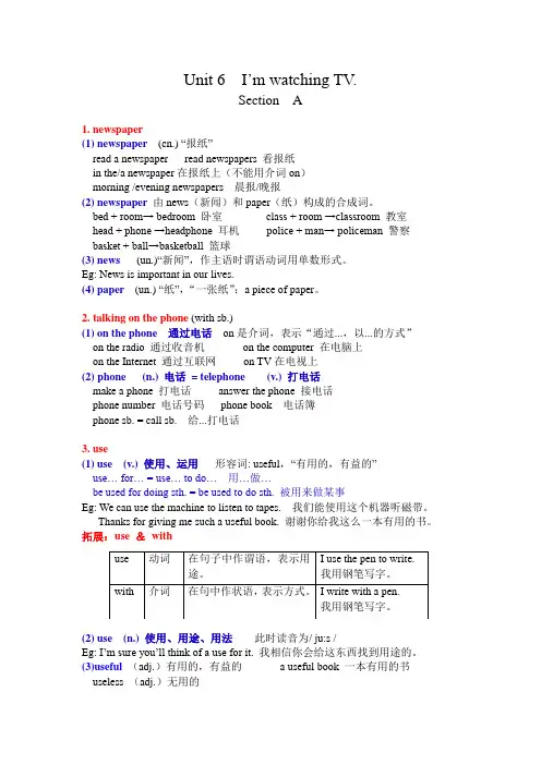 人教版七年级下册Unit 6   I’m watching TV.(section A)知识点讲解