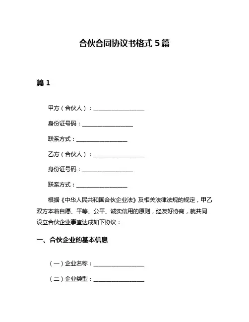 合伙合同协议书格式5篇