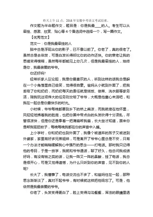 2016安徽中考作文题范文：你是我最____的人