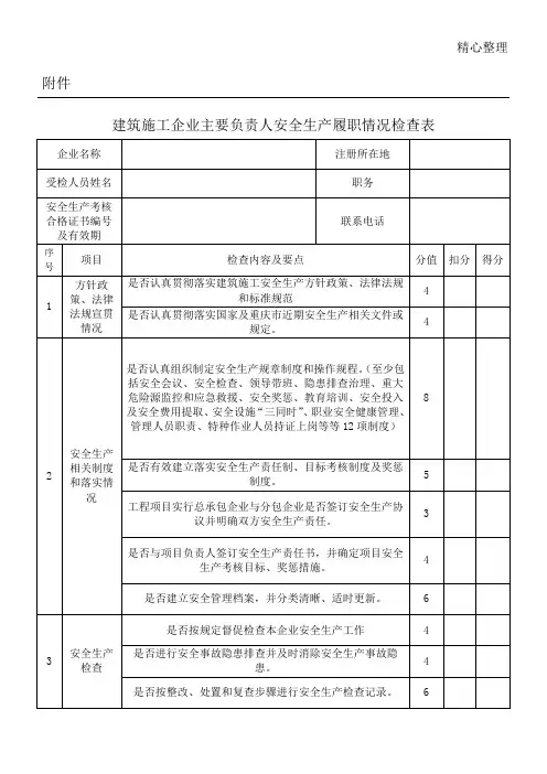 现场施工企业主要负责人安全生产履职情况检查表格模板