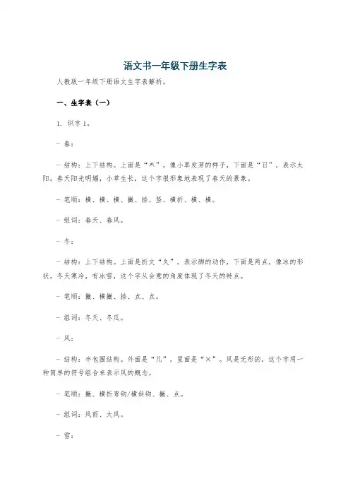 语文书一年级下册生字表
