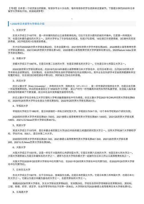 2022年日本留学大学排名介绍
