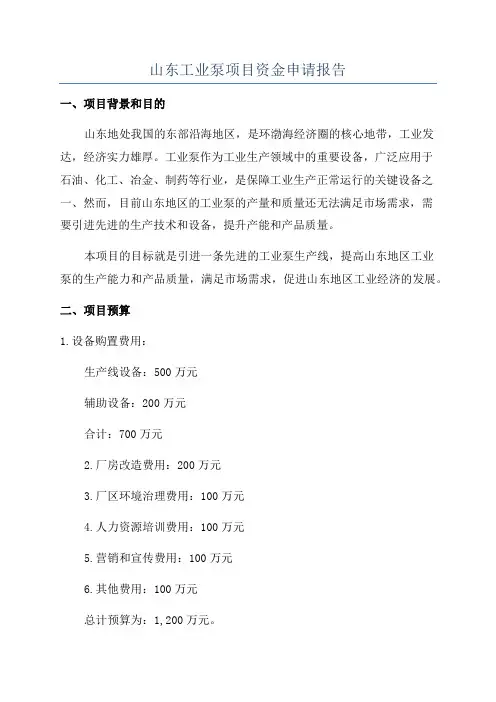 山东工业泵项目资金申请报告