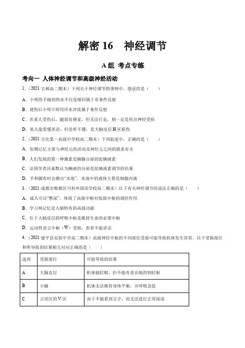高中生物高考解密16 神经调节(分层训练)(原卷版)