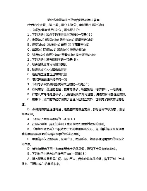 湖北省中职学业水平综合训练试卷1答案