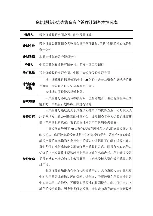 兴业证券金麒麟核心优势集合资产管理计划基本要素表