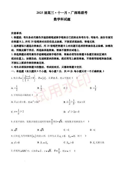 广东省广州、深圳、珠海三市2025届高三上学期十一月联考数学试卷