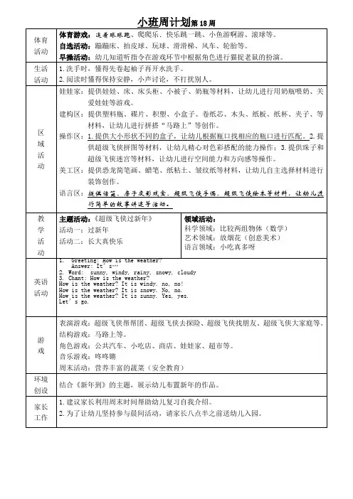 幼儿园班级周计划第18周