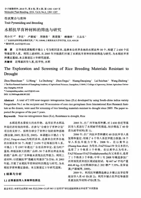 水稻抗旱育种材料的筛选与研究