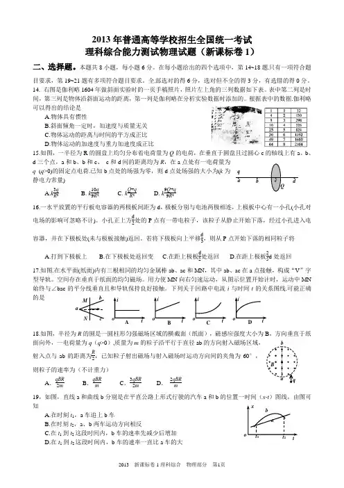 2013高考新课标1理综物理部分试题与答案word解析版