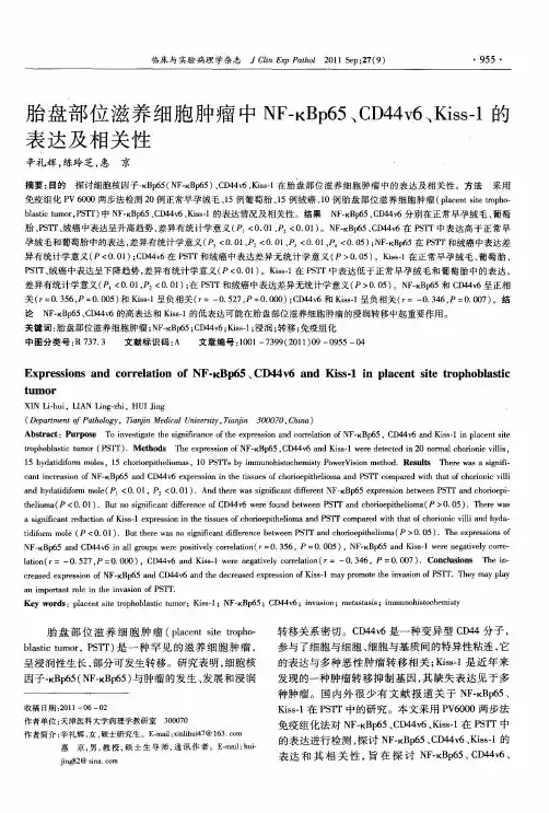 胎盘部位滋养细胞肿瘤中NF-κBp65、CD44v6、Kiss-1的表达及相关性