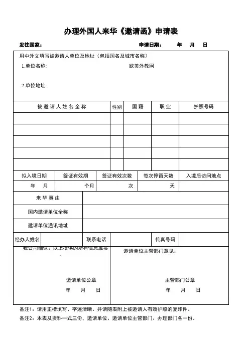 办理外国人来华《邀请函》申请表