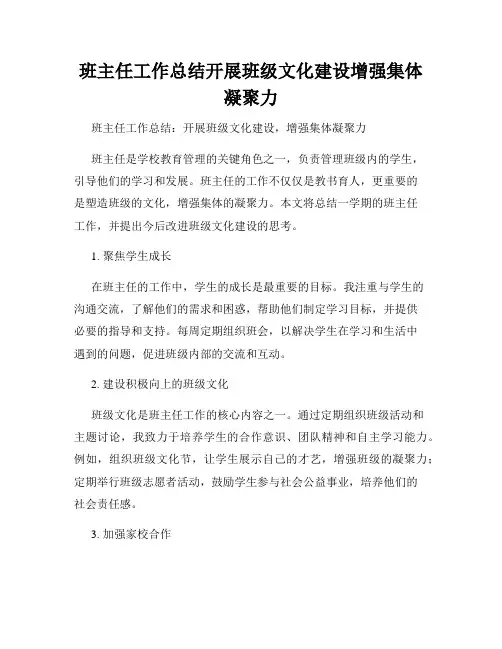 班主任工作总结开展班级文化建设增强集体凝聚力