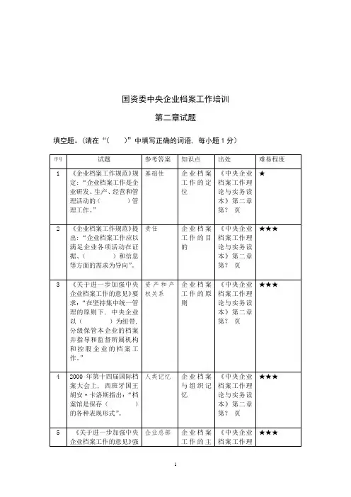 国资委档案职业技能大赛基本理论模拟试题2第二章试题