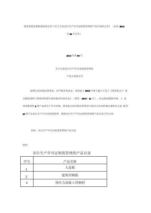 关于公布实行生产许可证制度管理的产品目录的公告