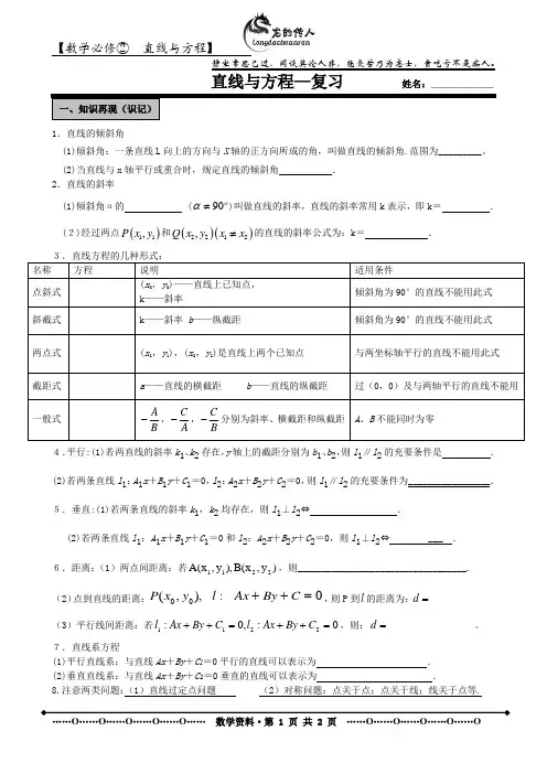直线与方程复习知识点+经典习题