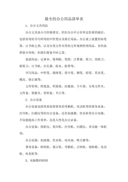 最全的办公用品清单表