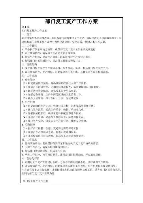 部门复工复产工作方案