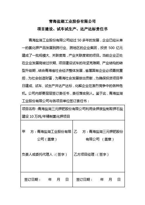 青海盐湖三元钾肥股份有限公司利用含钾废盐制取钾石盐建设责任书
