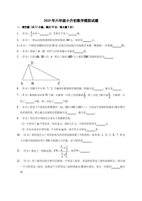 2019年六年级小升初数学模拟试题13(有答案)