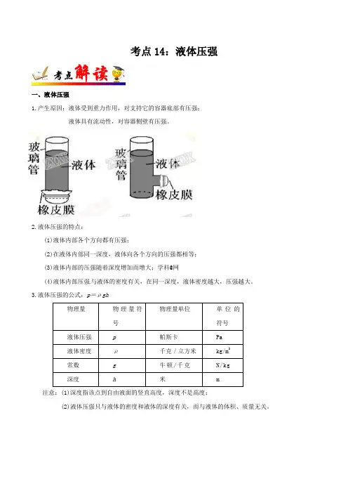 备战2023年广东中考物理考点精讲与真题精练考点14 液体压强