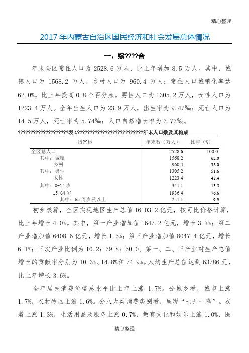 2017年内蒙古自治区国民经济和社会发展总体情况