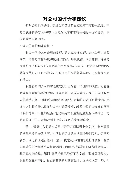自我评价 对公司的评价和建议
