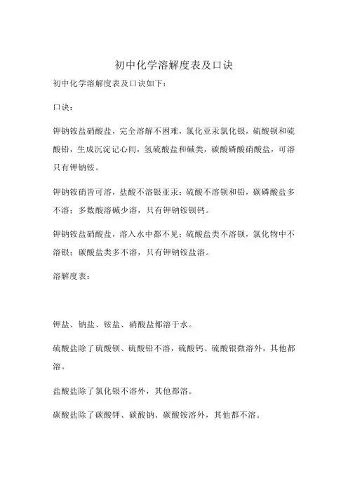 初中化学溶解度表及口诀