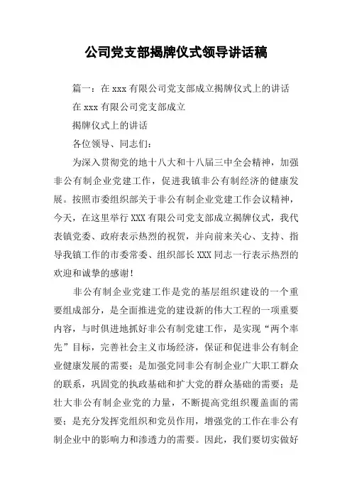 公司党支部揭牌仪式领导讲话稿