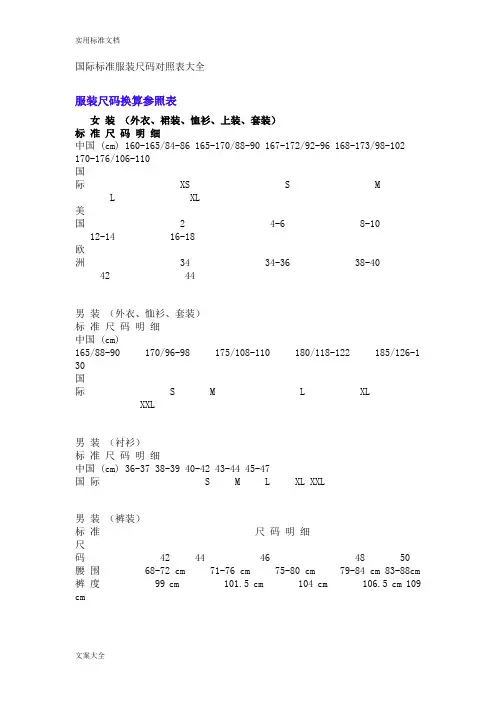 国际实用标准服装尺码对照表大全