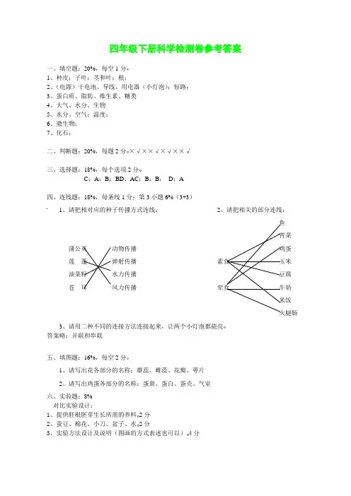 四年级下册科学检测卷答案