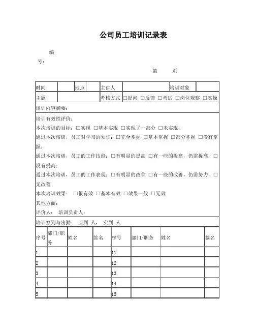 公司员工培训记录表