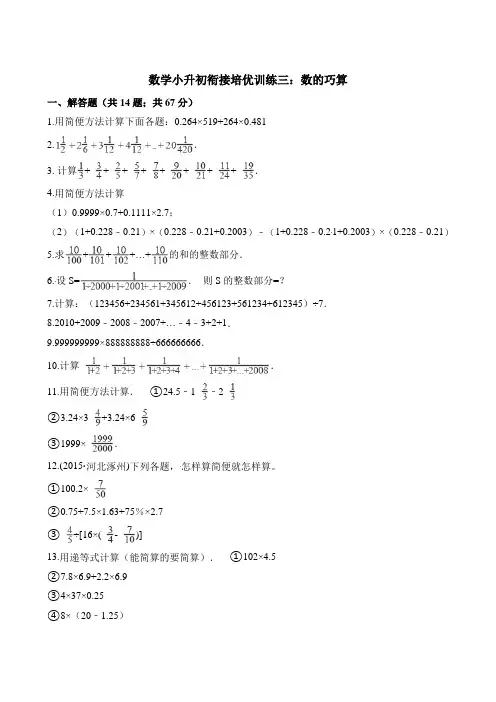 六年级下册数学试题-数学小升初衔接培优训练三：数的巧算∣通用版(含解析)