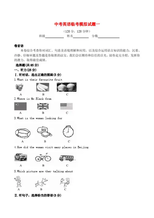 九年级英语中考临考模拟试题附答案人教版
