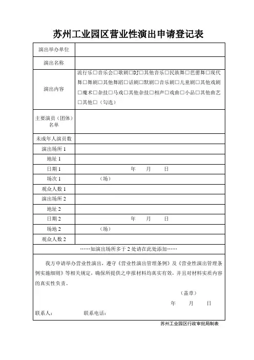 营业性演出备案申请登记表-苏州工业园区