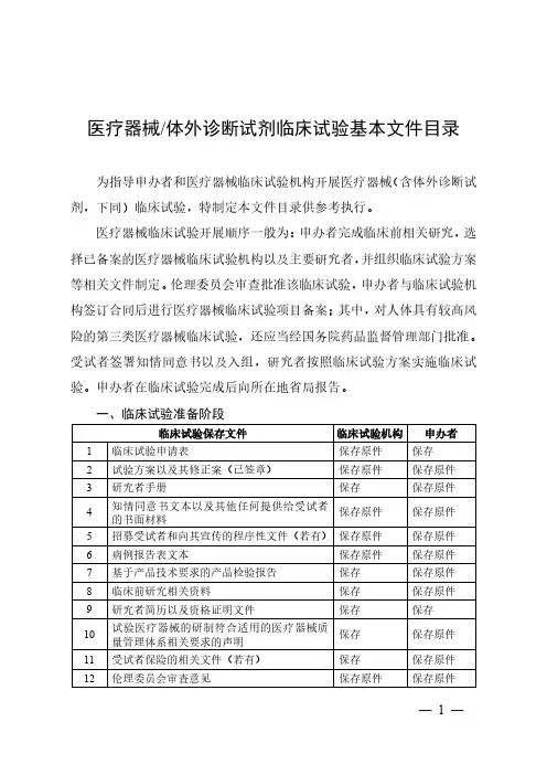 医疗器械_体外诊断试剂临床试验基本文件目录2022版