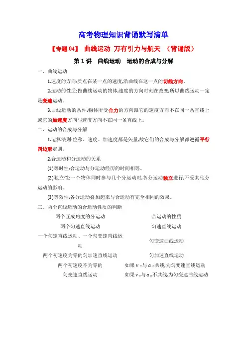 【高中物理知识点】 曲线运动 万有引力与航天-(背诵版)共5页