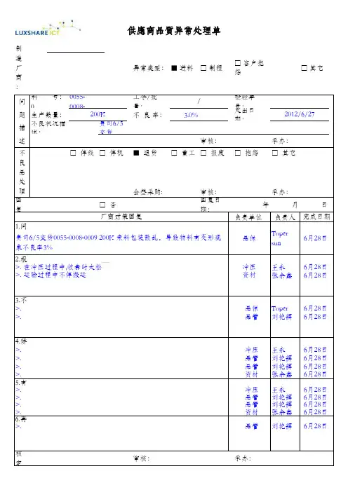 供应商端子变形品质异常处理单