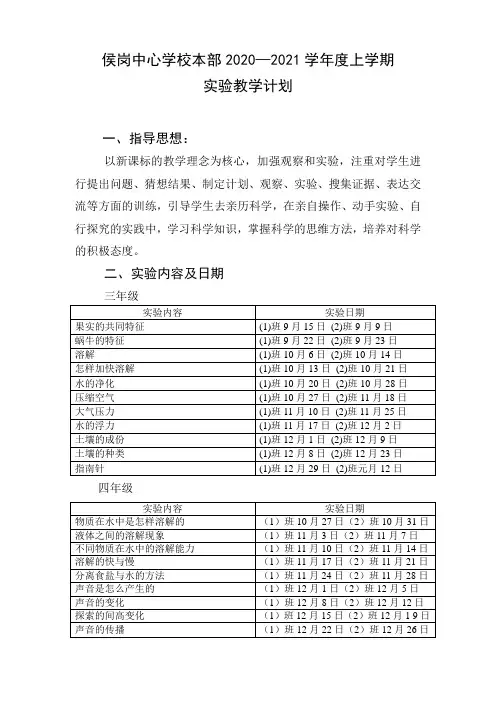 2020年小学实验教学计划