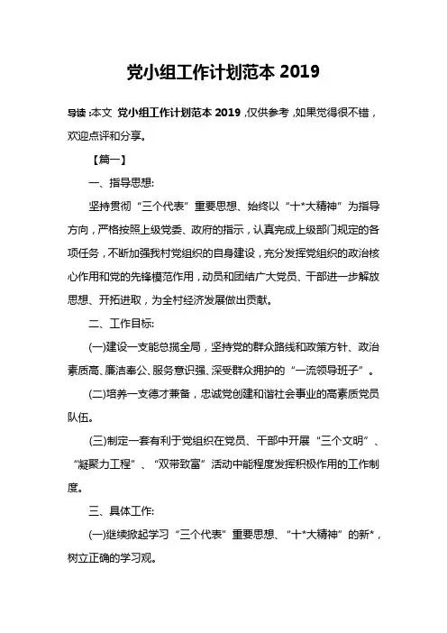 党小组工作计划范本2019