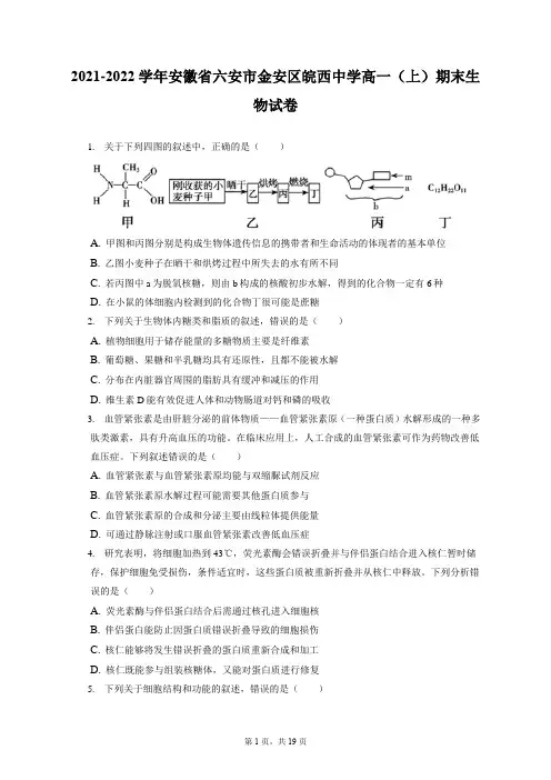 2021-2022学年安徽省六安市金安区皖西中学高一(上)期末生物试卷(含答案解析)