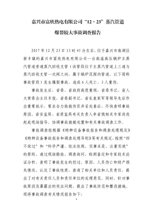 嘉兴市富欣热电有限公司“12·23”蒸汽管道爆裂较大事故调查报告
