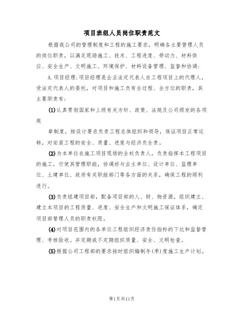项目班组人员岗位职责范文（3篇）