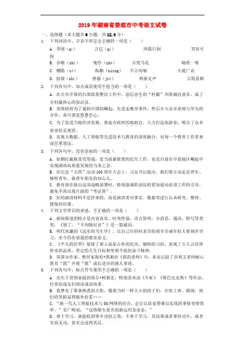 湖南省娄底市2019年中考语文真题试题(含解析)