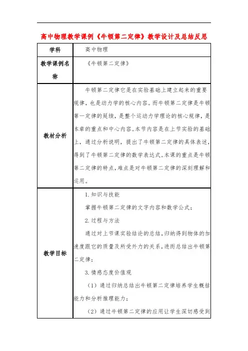 高中物理教学课例《牛顿第二定律》课程思政核心素养教学设计及总结反思