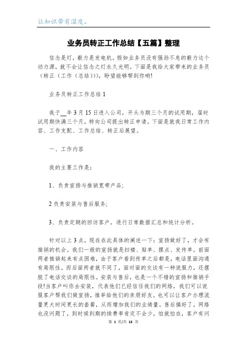 业务员转正工作总结【五篇】整理